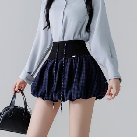 FA37885# 休闲抽绳格子灯笼短裙女新款高腰显瘦A字蓬蓬半身裙 服裝批發女裝批發服飾貨源