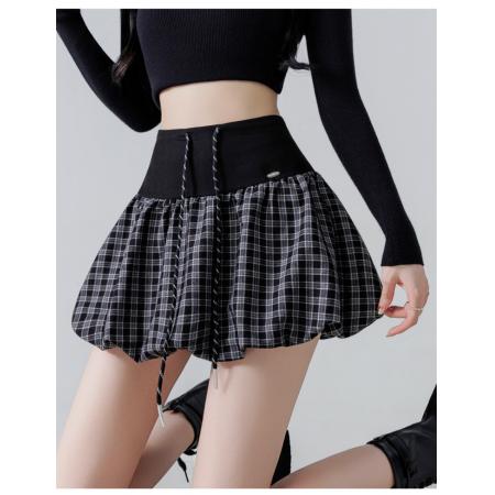 FA37885# 休闲抽绳格子灯笼短裙女新款高腰显瘦A字蓬蓬半身裙 服裝批發女裝批發服飾貨源