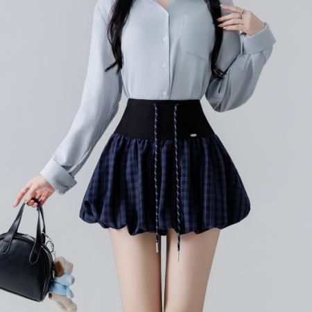 FA37885# 休闲抽绳格子灯笼短裙女新款高腰显瘦A字蓬蓬半身裙 服裝批發女裝批發服飾貨源