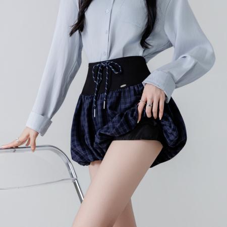 FA37885# 休闲抽绳格子灯笼短裙女新款高腰显瘦A字蓬蓬半身裙 服裝批發女裝批發服飾貨源