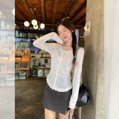 FA37886# 白色圆领镂空长袖针织开衫女秋季新款修身显瘦小上衣 服裝批發女裝批發服飾貨源