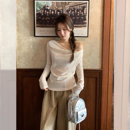 FA37887# 法式简约气质褶皱荡领针织衫女秋季新款温柔修身显身上衣 服裝批發女裝批發服飾貨源