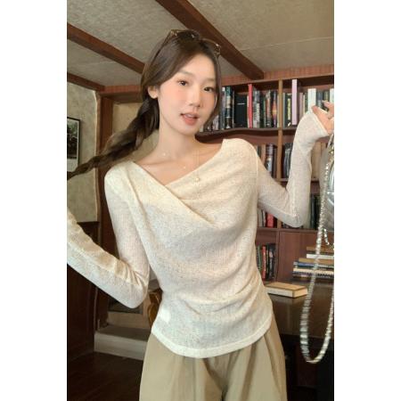 FA37887# 法式简约气质褶皱荡领针织衫女秋季新款温柔修身显身上衣 服裝批發女裝批發服飾貨源