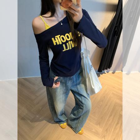 FA37888# 韩系高级秋季字母印花斜肩女露肩收腰显瘦长袖假两件上衣 服裝批發女裝批發服飾貨源