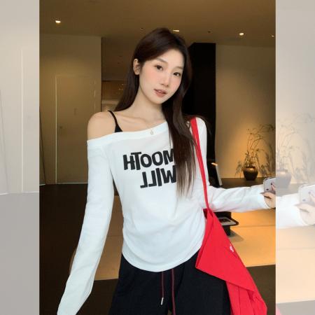 FA37888# 韩系高级秋季字母印花斜肩女露肩收腰显瘦长袖假两件上衣 服裝批發女裝批發服飾貨源