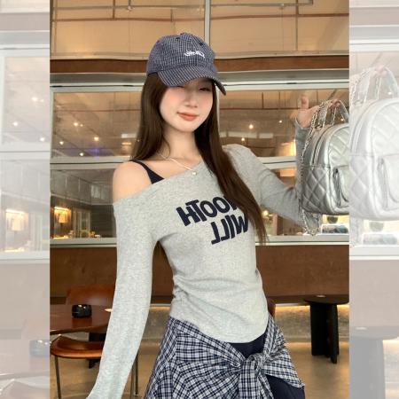 FA37888# 韩系高级秋季字母印花斜肩女露肩收腰显瘦长袖假两件上衣 服裝批發女裝批發服飾貨源