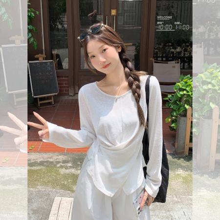 FA37889# 初秋新款圆领竹节棉长袖T恤薄款腰部交叉显瘦罩衫 服裝批發女裝批發服飾貨源