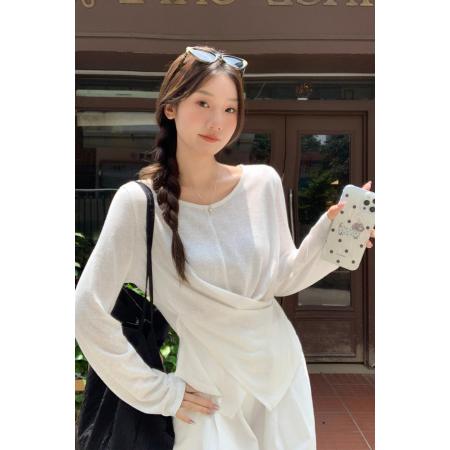 FA37889# 初秋新款圆领竹节棉长袖T恤薄款腰部交叉显瘦罩衫 服裝批發女裝批發服飾貨源
