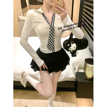 FA37890# 学院风假两件修身V领长袖显瘦衬衫上衣 服裝批發女裝批發服飾貨源