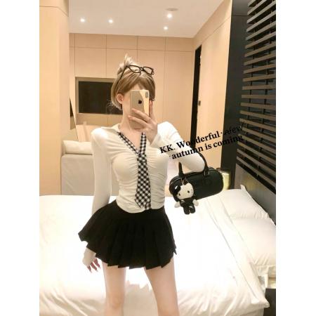 FA37890# 学院风假两件修身V领长袖显瘦衬衫上衣 服裝批發女裝批發服飾貨源