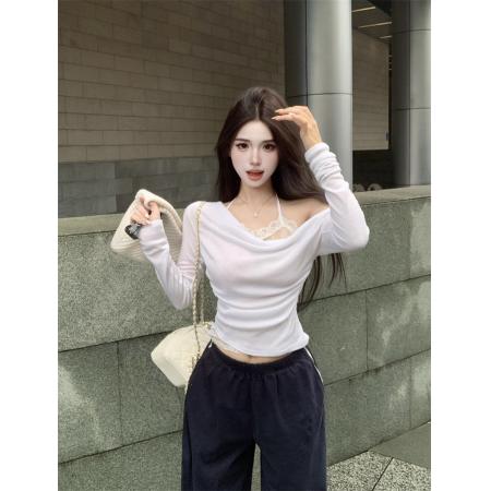 FA37891# 假两件斜肩荡领长袖T恤女蕾丝挂脖打底衫上衣 服裝批發女裝批發服飾貨源