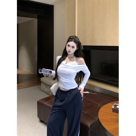 FA37891# 假两件斜肩荡领长袖T恤女蕾丝挂脖打底衫上衣 服裝批發女裝批發服飾貨源