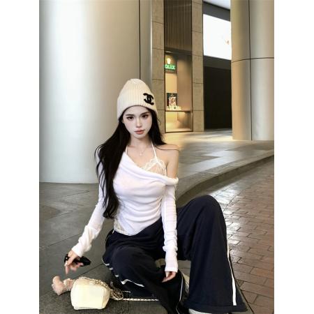 FA37891# 假两件斜肩荡领长袖T恤女蕾丝挂脖打底衫上衣 服裝批發女裝批發服飾貨源