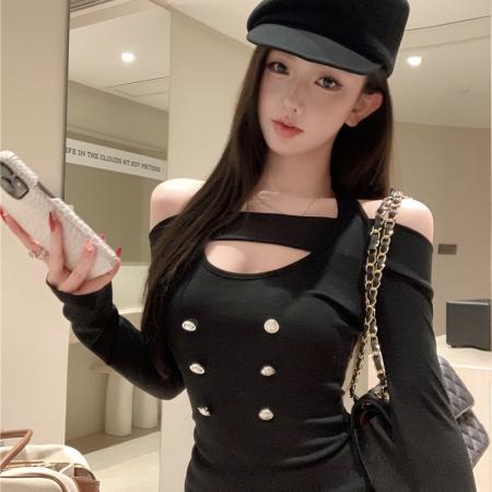 FA37893# 纯欲风性感V领小众挂脖修身显瘦长袖上衣 服裝批發女裝批發服飾貨源