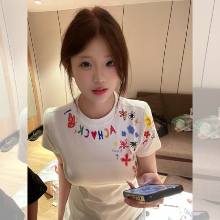 FA37896# 美式复古白色印花短袖t恤女夏季新款休闲显瘦体恤别致上衣 服裝批發女裝批發服飾貨源