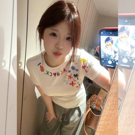 FA37896# 美式复古白色印花短袖t恤女夏季新款休闲显瘦体恤别致上衣 服裝批發女裝批發服飾貨源