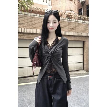 FA37901# 假两件蕾丝挂脖拼接长袖针织开衫早秋新款 服裝批發女裝批發服飾貨源