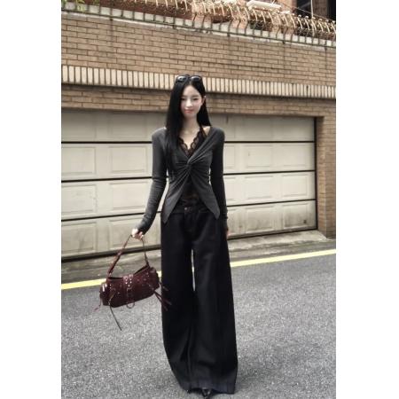 FA37901# 假两件蕾丝挂脖拼接长袖针织开衫早秋新款 服裝批發女裝批發服飾貨源