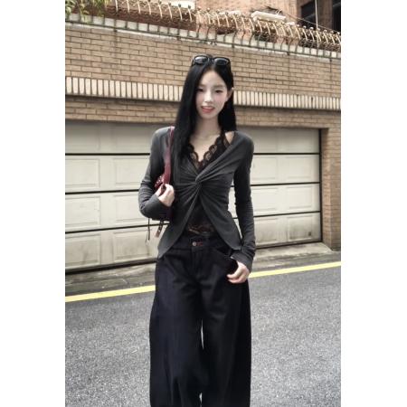 FA37901# 假两件蕾丝挂脖拼接长袖针织开衫早秋新款 服裝批發女裝批發服飾貨源