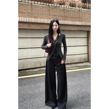 FA37901# 假两件蕾丝挂脖拼接长袖针织开衫早秋新款 服裝批發女裝批發服飾貨源