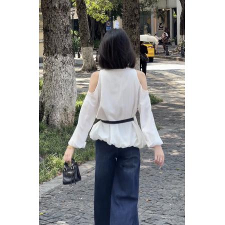 FA37903# 露肩设计V领长袖衬衫 服裝批發女裝批發服飾貨源