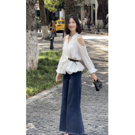 FA37903# 露肩设计V领长袖衬衫 服裝批發女裝批發服飾貨源