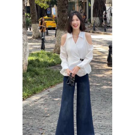 FA37903# 露肩设计V领长袖衬衫 服裝批發女裝批發服飾貨源