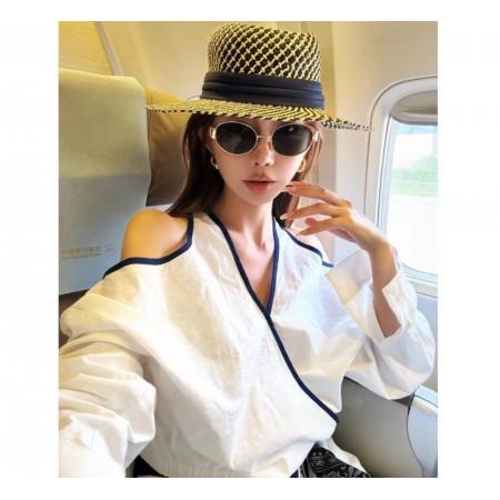 FA37905# 婉君Y老钱美学百搭休闲衬衫长袖露肩V领上衣套装 服裝批發女裝批發服飾貨源