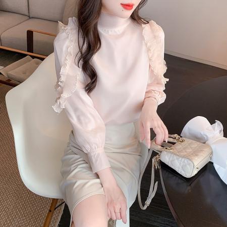 FA37910# 早秋新品法式冷淡高级设计感小众两穿纯色立领花边雪纺衬衫 服裝批發女裝批發服飾貨源
