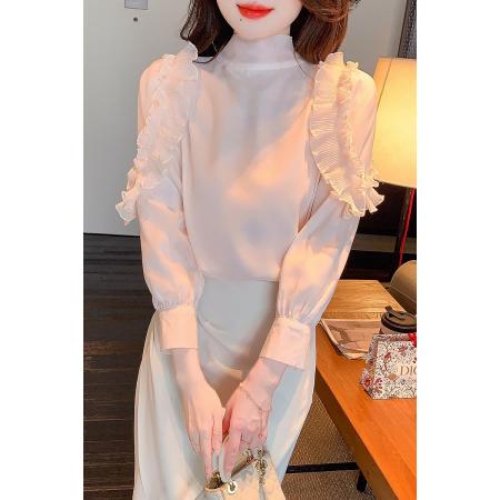 FA37910# 早秋新品法式冷淡高级设计感小众两穿纯色立领花边雪纺衬衫 服裝批發女裝批發服飾貨源
