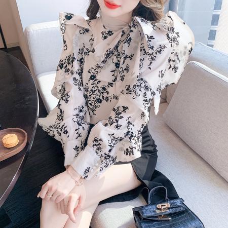 FA37911# 春秋新品碎花蝴蝶结系带荷叶边衬衫上衣女 服裝批發女裝批發服飾貨源