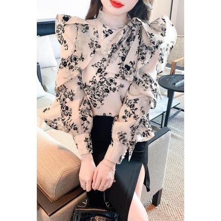 FA37911# 春秋新品碎花蝴蝶结系带荷叶边衬衫上衣女 服裝批發女裝批發服飾貨源