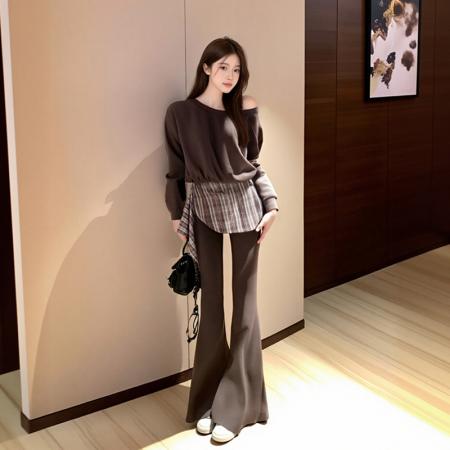 FA37912# 港味休闲时尚套装女秋季新款斜肩长袖上衣卫衣微喇长裤两件套 服裝批發女裝批發服飾貨源