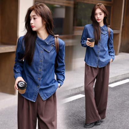 FA37918# 复古丹宁牛仔衬衫女秋新款慵懒宽松休闲外套 服裝批發女裝批發服飾貨源