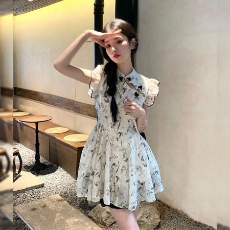 FA37921# 新中式绝美清新小众连衣裙女夏季新款复古小个子修身显瘦短裙 服裝批發女裝批發服飾貨源