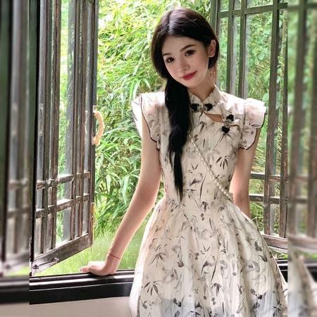 FA37921# 新中式绝美清新小众连衣裙女夏季新款复古小个子修身显瘦短裙 服裝批發女裝批發服飾貨源