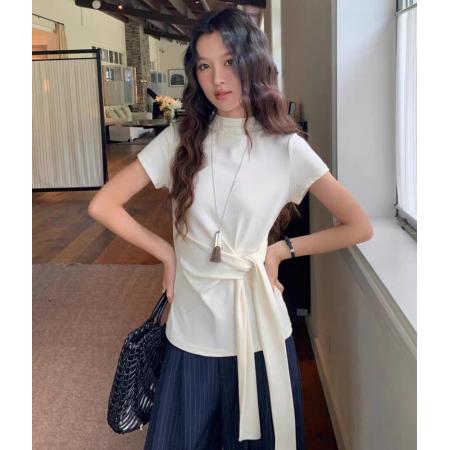 FA37927# 半高领系带收腰短袖纯色高弹力百搭T恤女早秋韩版修身打底衫 服裝批發女裝批發服飾貨源