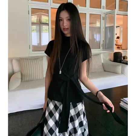 FA37927# 半高领系带收腰短袖纯色高弹力百搭T恤女早秋韩版修身打底衫 服裝批發女裝批發服飾貨源