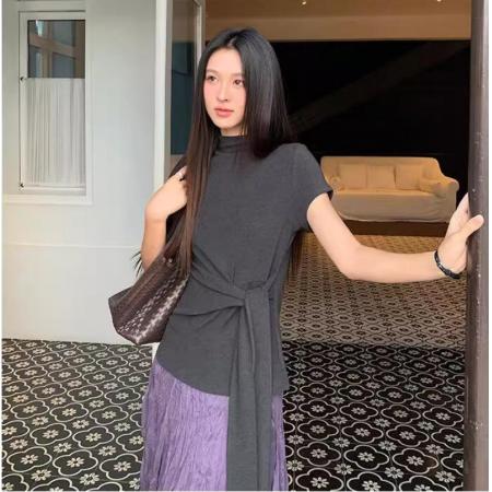 FA37927# 半高领系带收腰短袖纯色高弹力百搭T恤女早秋韩版修身打底衫 服裝批發女裝批發服飾貨源
