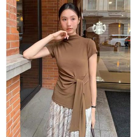 FA37927# 半高领系带收腰短袖纯色高弹力百搭T恤女早秋韩版修身打底衫 服裝批發女裝批發服飾貨源