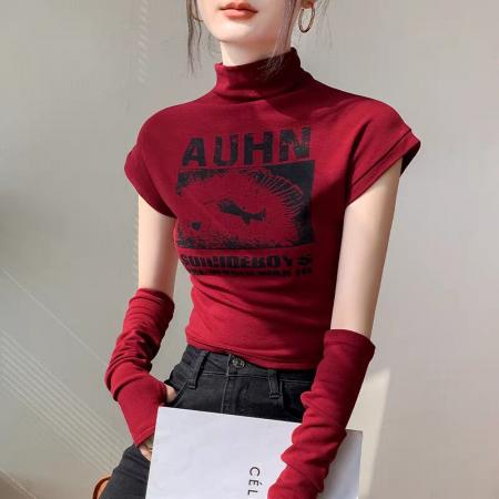 FA37929# 秋装独特别致美式复古甜辣妹修身红色上衣半高领打底衫女长袖t恤 服裝批發女裝批發服飾貨源