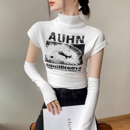 FA37929# 秋装独特别致美式复古甜辣妹修身红色上衣半高领打底衫女长袖t恤 服裝批發女裝批發服飾貨源