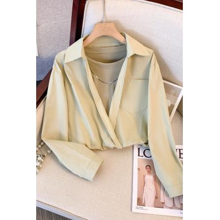 FA37931# ～法式假两件长袖衬衫女早秋设计感小众休闲短款上衣 服裝批發女裝批發服飾貨源