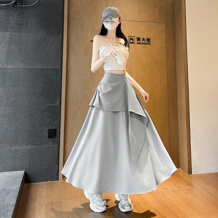 FA37934# 不规则荷叶边半身裙女夏季新款高腰伞裙显瘦休闲A字大摆长裙 服裝批發女裝批發服飾貨源