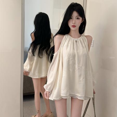 FA37940# 纯欲气质高级感露肩上衣女秋季性感宽松显瘦绝美衬衫 服裝批發女裝批發服飾貨源