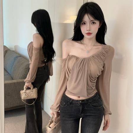 FA37943# 性感斜肩网纱辣妹上衣设计感小众长袖T恤 服裝批發女裝批發服飾貨源