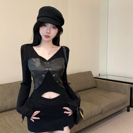 FA37944# 秋季新款女装性感辣妹小众设计感PU皮拼接长袖上衣 服裝批發女裝批發服飾貨源