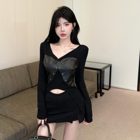FA37944# 秋季新款女装性感辣妹小众设计感PU皮拼接长袖上衣 服裝批發女裝批發服飾貨源