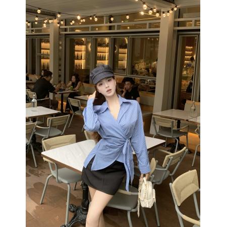 FA37954# 韩版侧腰绑带设计感白色衬衫女显瘦百搭衬衣正肩上衣 服裝批發女裝批發服飾貨源