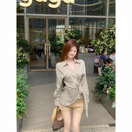 FA37954# 韩版侧腰绑带设计感白色衬衫女显瘦百搭衬衣正肩上衣 服裝批發女裝批發服飾貨源